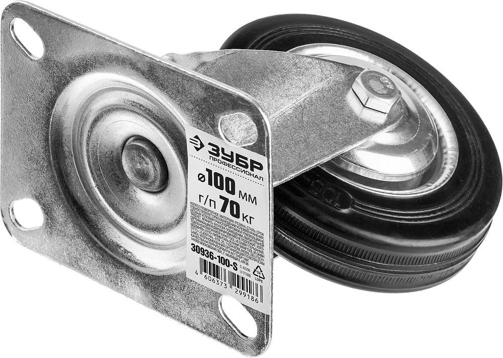 Колесо поворотное d 100 мм, г/п 70 кг, игольчатый подшипник, резина/металл ЗУБР Профессионал 30936-100-S
