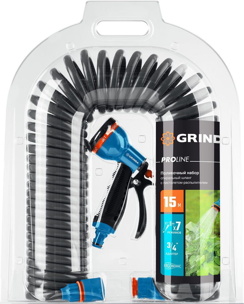 Поливочный набор, спиральный шланг 3/8 x 15 м, пистолет-распылитель, адаптеры, PROLine GRINDA 428495
