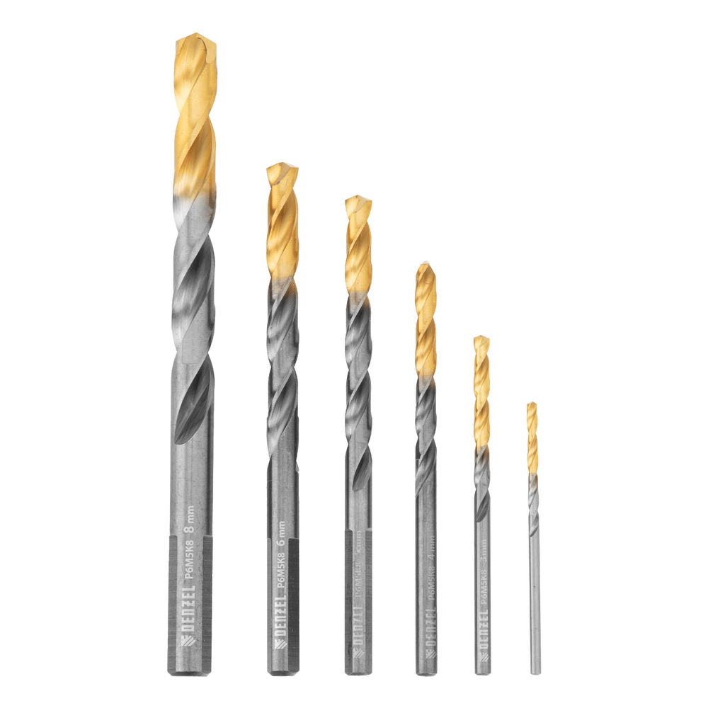 Набор сверл по металлу, 2-8мм, Р6М5К8-TiN, Golden Tip, 6 шт Denzel (723004)