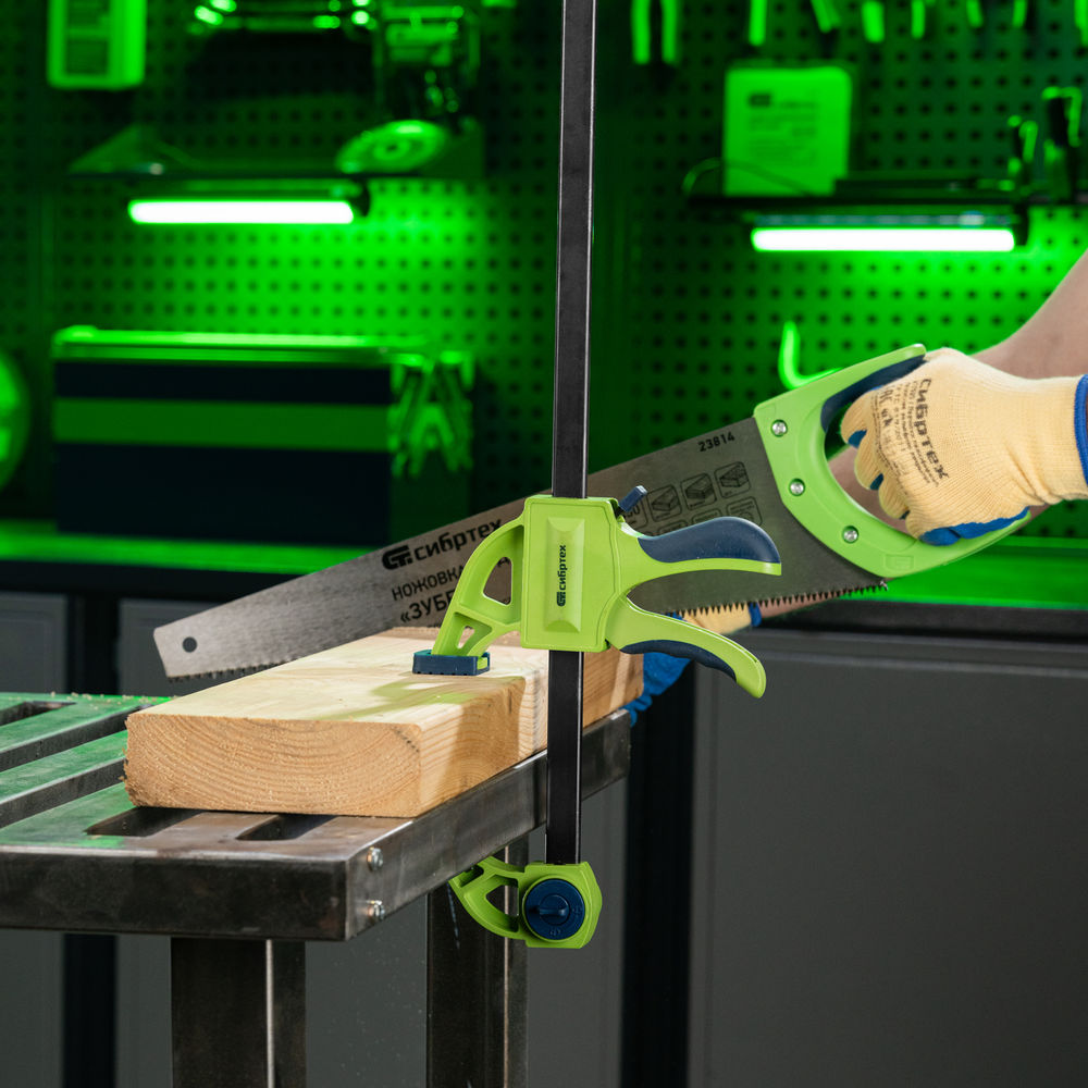 Струбцина F-образная, быстрозажимная, 900 х 70 х 1130 мм, пластиковый корпус, фиксатор, двухкомпонентная рукоятка Сибртех (20568)