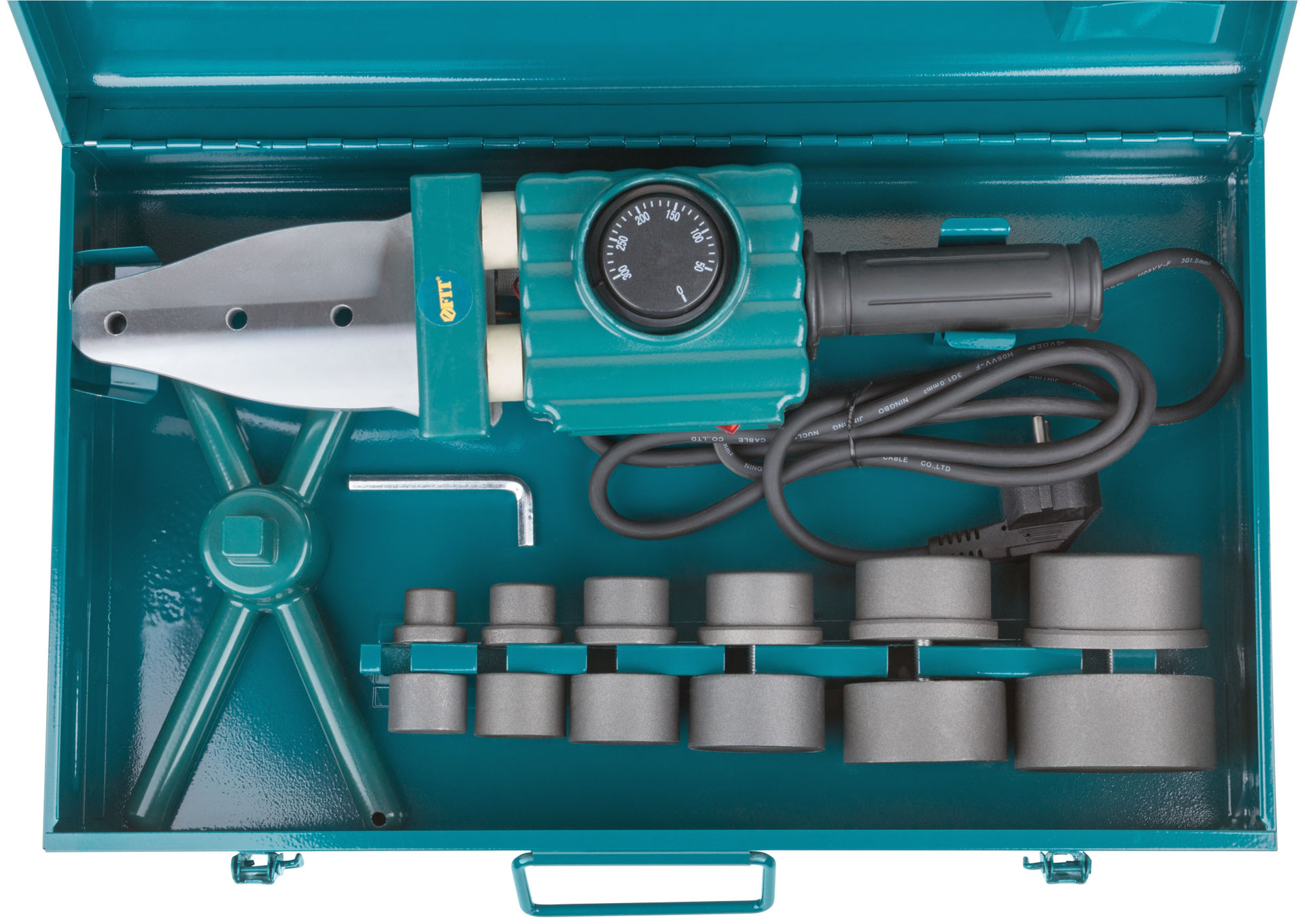 Аппарат сварочный для пластиковых труб 750/1500 Вт; 50-300 °C; диаметры труб 20-63 мм; металл. кейс (80645)