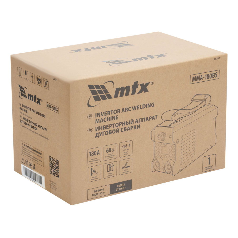 Инверторный аппарат дуговой сварки MMA-180BS, 180 А, ПВ 60% MTX (94397)