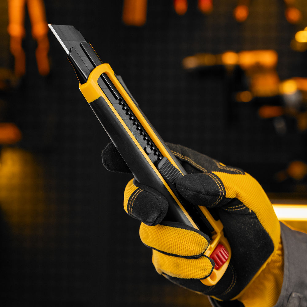 Нож, 25 мм, сменное лезвие, SK4, корпус из ABS + TPR, торцевой зажим Denzel (78908)