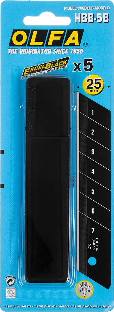 Черные сегментированные лезвия EXCEL BLACK 25 мм, 5 шт, в пластиковом кейсе + блистер, особо острые OLFA OL-HBB-5B