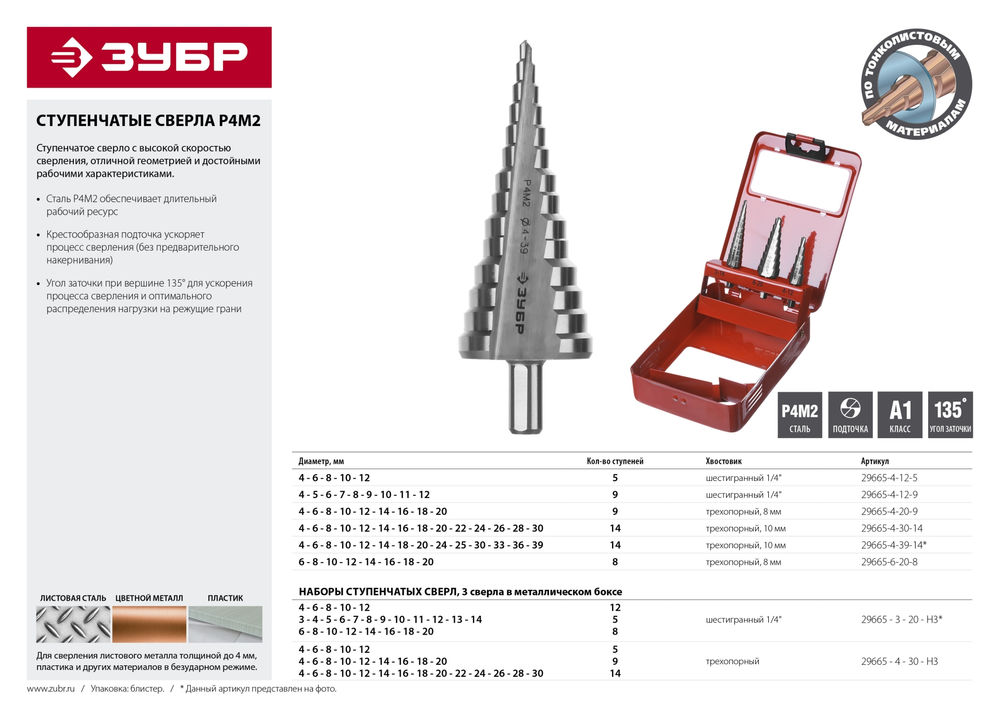 Сверло ступенчатое 4–12 мм, 5 ступеней, сталь Р4М2 ЗУБР 29665-4-12-5
