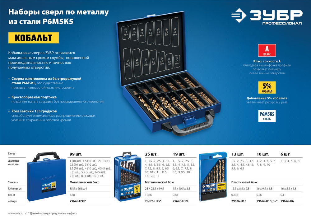 Набор сверл по металлу 10 шт (1-10 мм), сталь Р6М5К5, класс А Кобальт ЗУБР Профессионал 29626-H10_z01