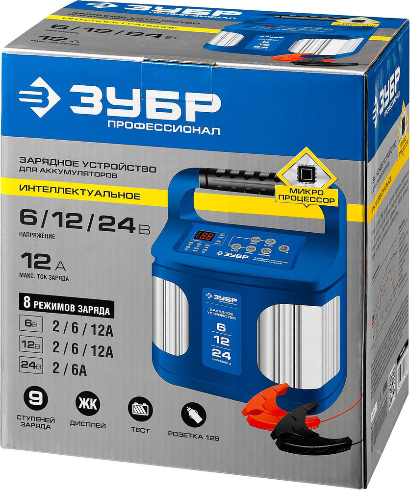 Зарядное устройство 6/12/24 В 2-12 А розетка 12 В интеллектуальное для аккумуляторов Профессионал ЗУБР ЗУ-240 59305