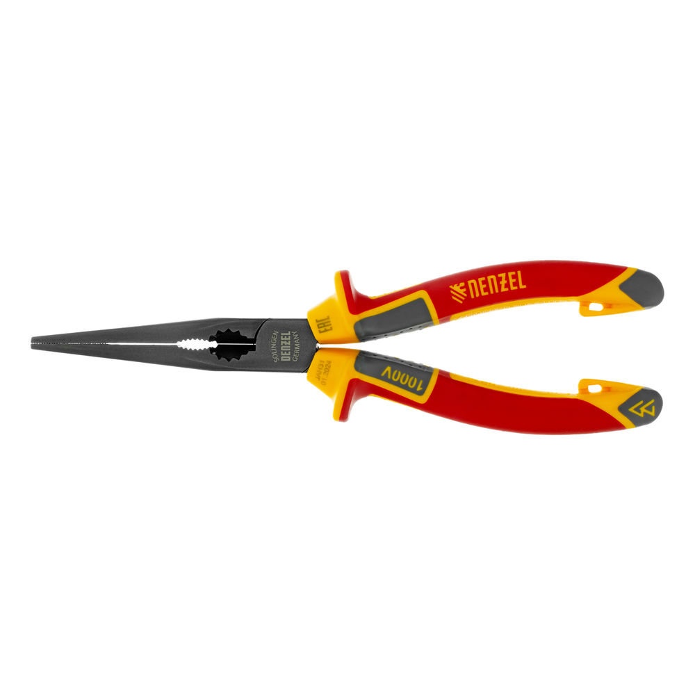 Длинногубцы прямые, диэлектрические рукоятки до 1000 В, трехкомпонентные рукоятки, 205мм Denzel (17305)