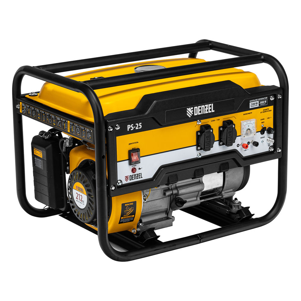Генератор бензиновый PS 25, 2.5 кВт, 230 В, 15 л, ручной стартер Denzel (946814)