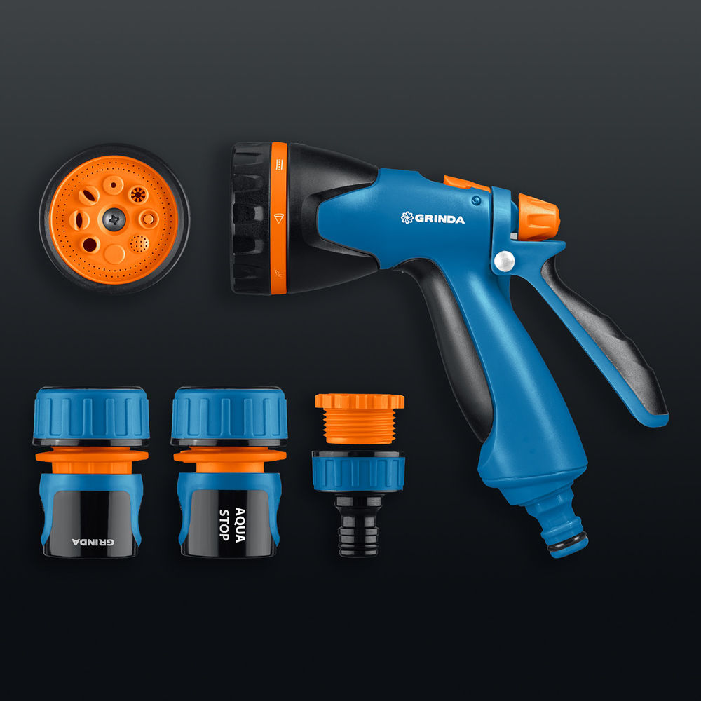 Набор поливочный B-834, пистолет поливочный B-8, коннектор 3/4, конектор 3/4 с автостопом, адаптер с внутр. резьбой 1/2х3/4, PROLine GRINDA 429113