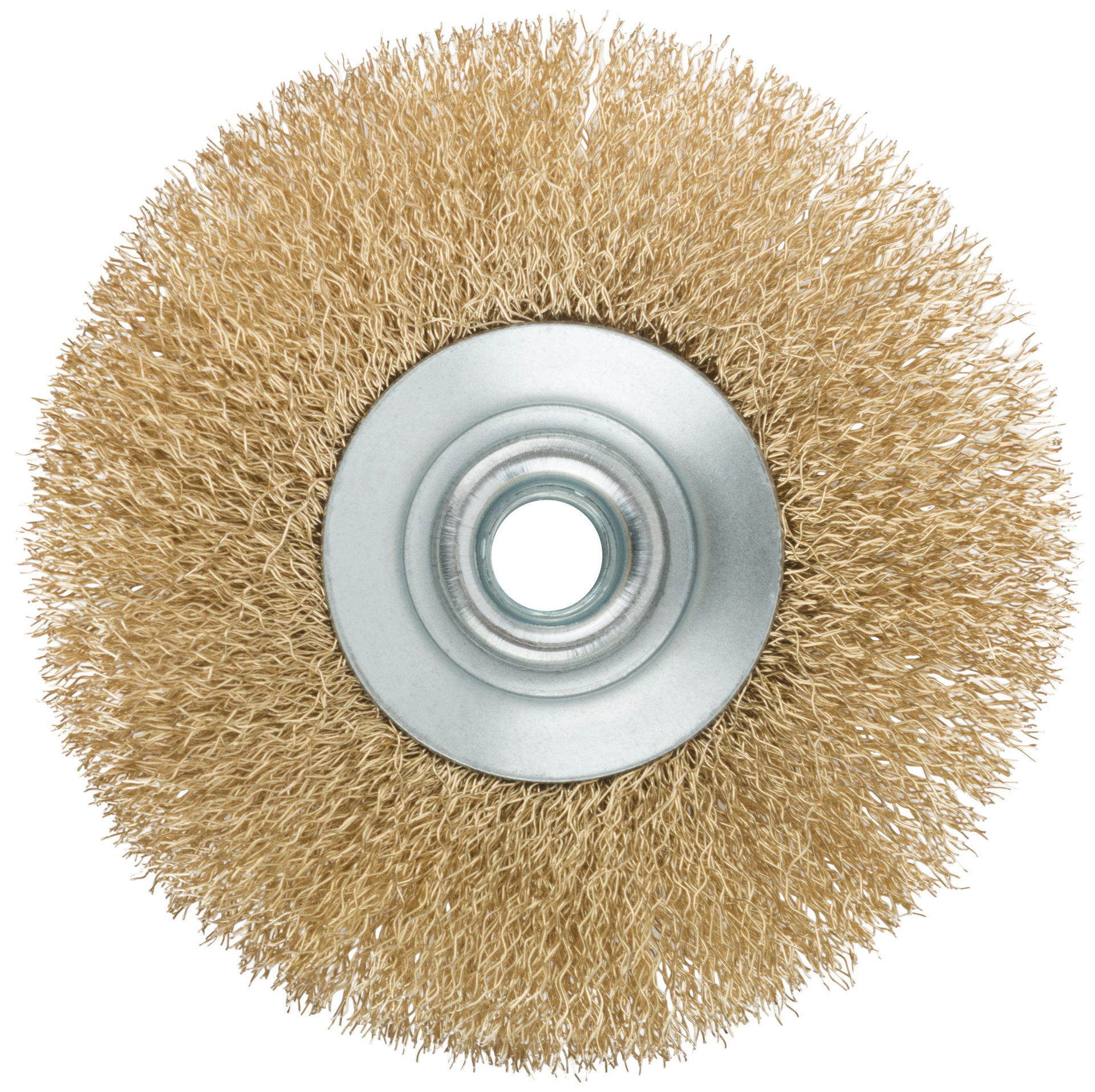 Корщетка, тип колесо с наклоном, гайка М14, стальная волнистая латунированная проволока 115 мм (38927М)