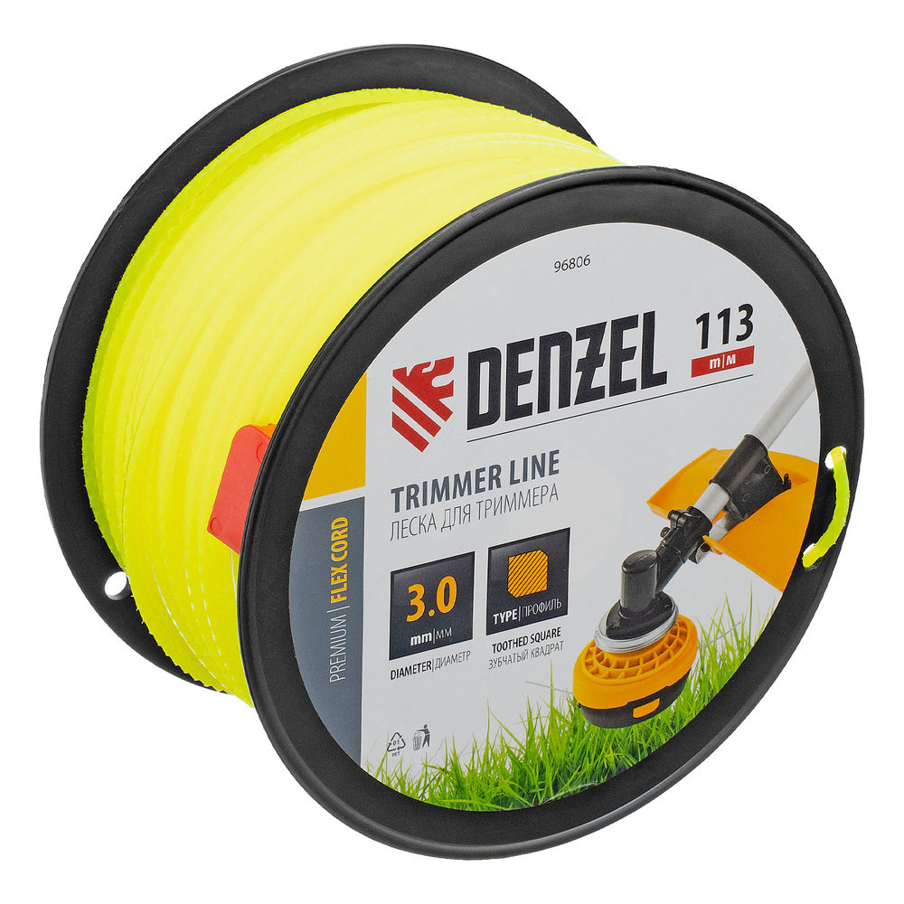 Леска для триммера зубчатый квадрат, 3,0мм х 113м, на DIN катушке FLEX CORD Denzel (96806)