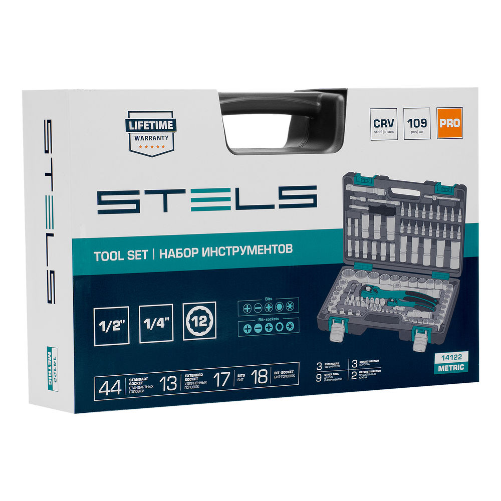 Набор инструментов 1/2, 1/4, CrV, 12 гранные головки, пластиковый кейс, 109 предмета Stels