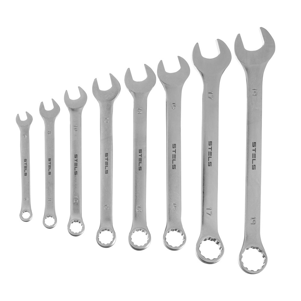 Набор ключей комбинированных 6-19 мм, 8 шт., CrV, матовый хром Stels (15443)