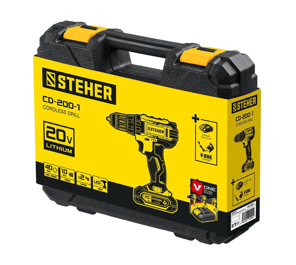 Дрель-шуруповерт 20 В, 40 Н·м, 1 АКБ (2 А·ч), кейс V1 STEHER CD-200-1