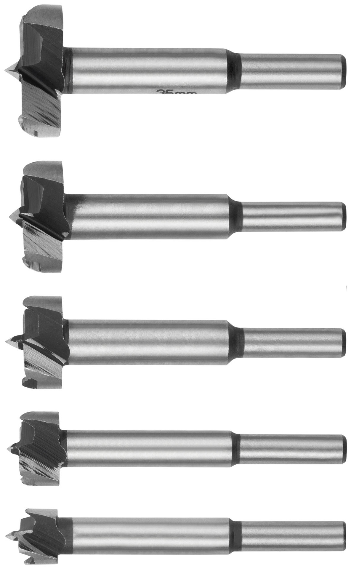 Фрезы по дереву (сверла Форстнера), усиленная 60# сталь, 5 шт., 15/20/25/30/35 мм (36552)
