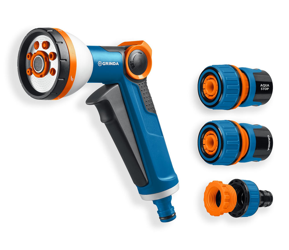 Набор поливочный Х-834, пистолет поливочный X-8, коннектор 3/4, конектор 3/4 с автостопом, адаптер с внутр. резьбой 1/2 х 3/4, PROLine GRINDA 429167