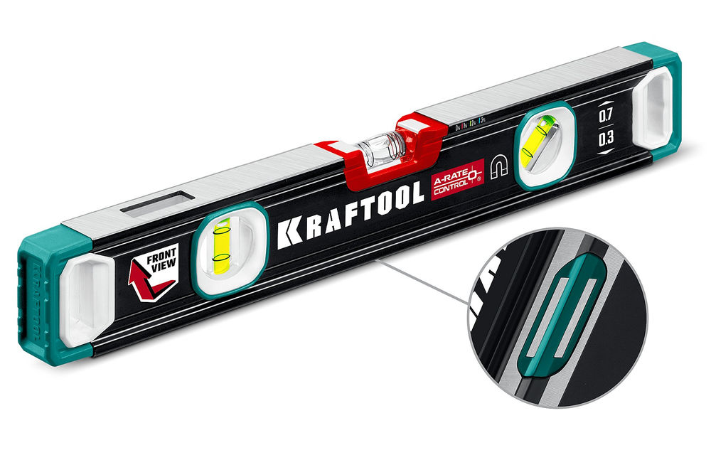 Сверхпрочный магнитный уровень A-RATE CONTROL, 400 мм, точность 0.3 мм/м, с зеркальным глазком KRAFTOOL 34988-40