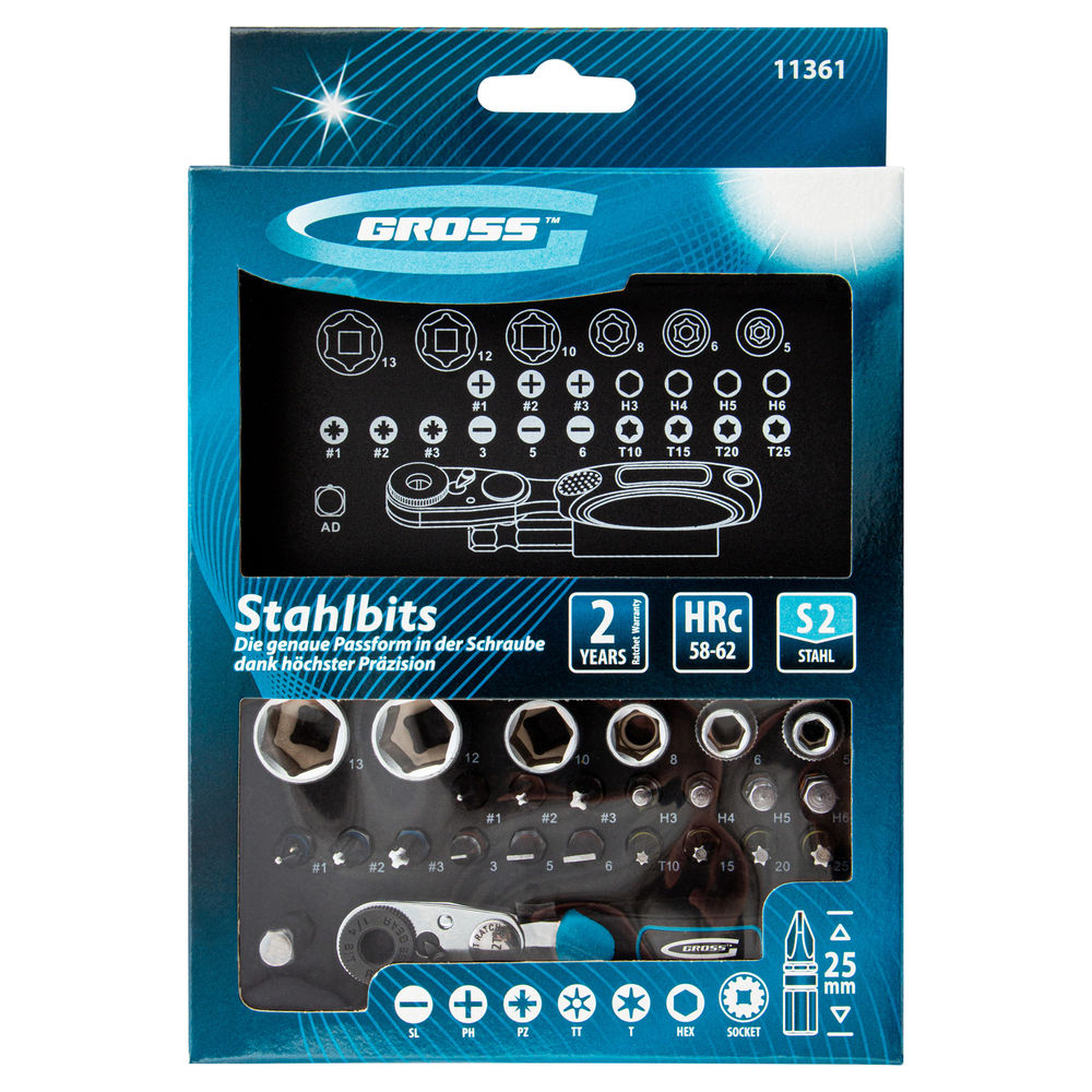 Набор бит и головок торцевых, 1/4, магнитный адаптер, сталь S2, пластиковый кейс, 26 предметов Gross (11361)