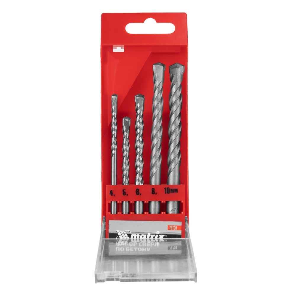 Набор сверл по бетону, 4-5-6-8-10 мм, пластиковый кейс, Matrix (70730)