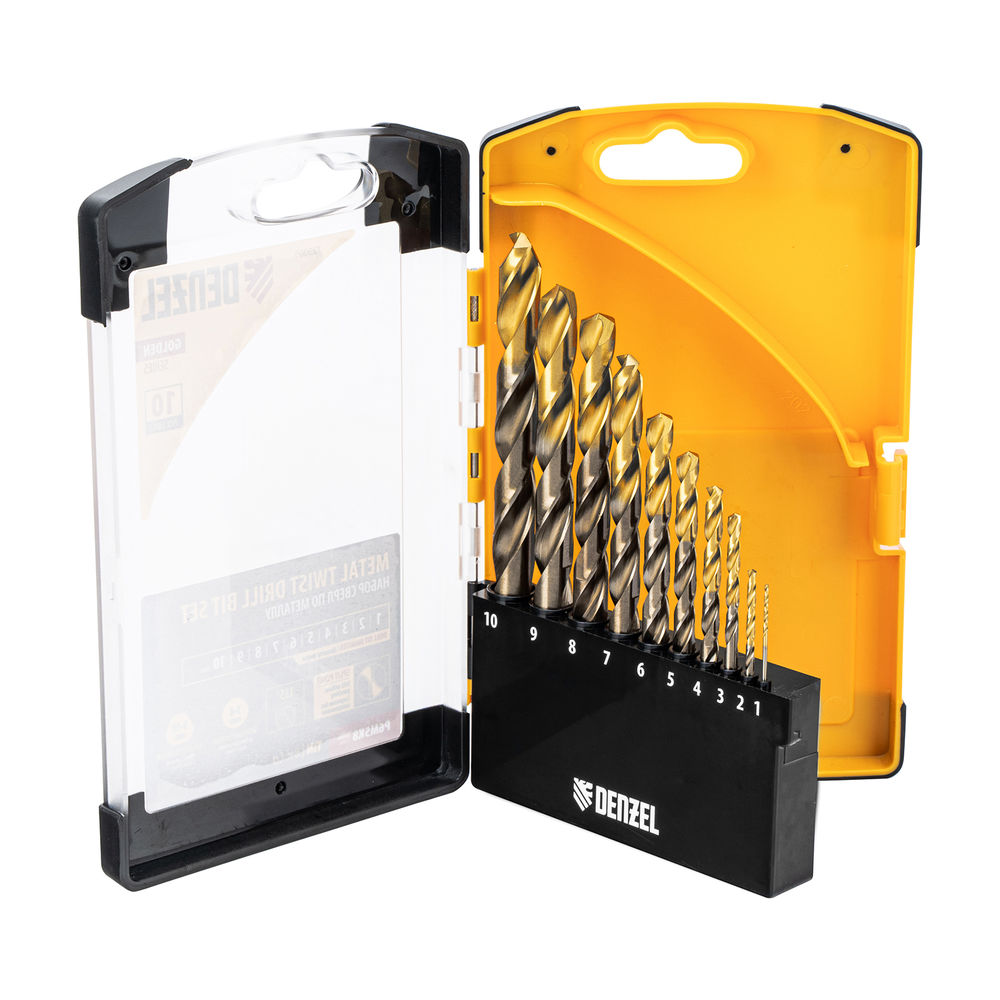 Набор сверл по металлу, 1-10 мм, Р6М5К8-TiN, Golden Tip, 10 шт Denzel (723005)