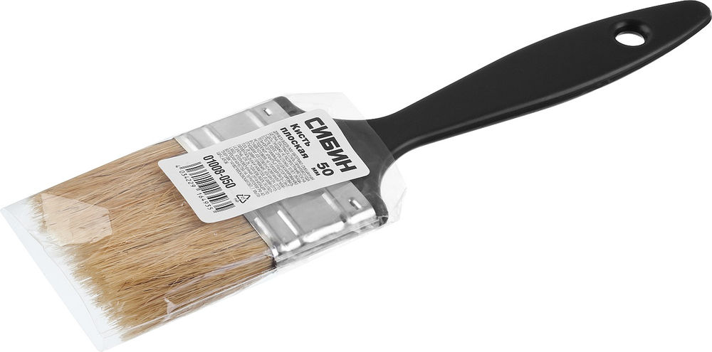 Кисть плоская 50 мм 2 светлая смешанная щетина пластиковая ручка все виды ЛКМ СИБИН 01008-050