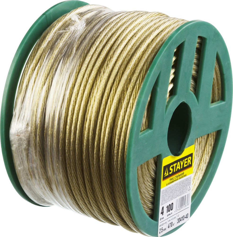 Трос стальной 4 мм, L 100 м, в полимерной оболочке STAYER 30410-40