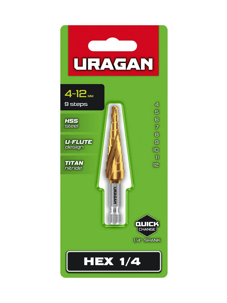 Сверло ступенчатое винтовая спираль URAGAN 4-12мм 9 ступеней 29658-4-12-9  