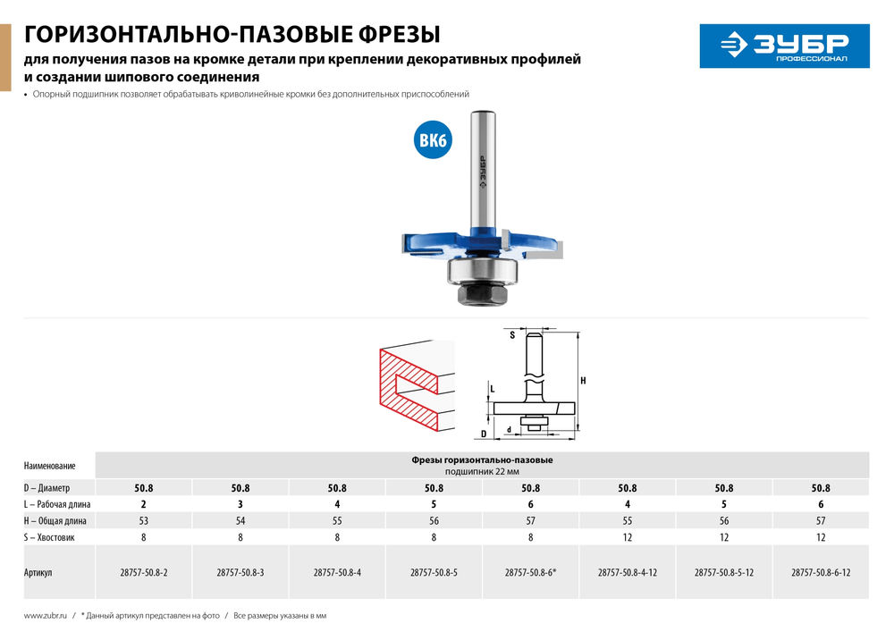 Фреза горизонтально-пазовая 50.8 x 5 мм, хвостовик 12 мм ЗУБР Профессионал 28757-50.8-5-12