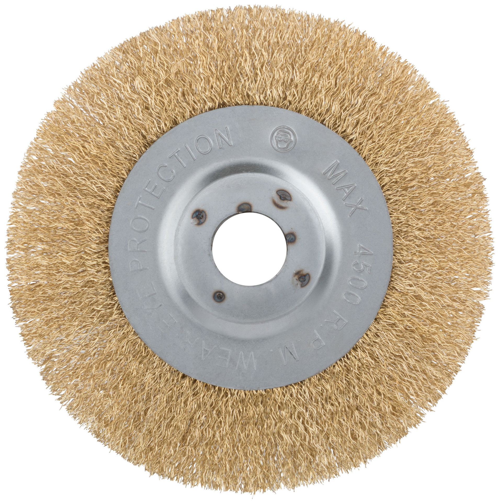 Корщетка-колесо, посадочный диаметр 22,2 мм, стальная латунированная волнистая проволока 150 мм (39066)