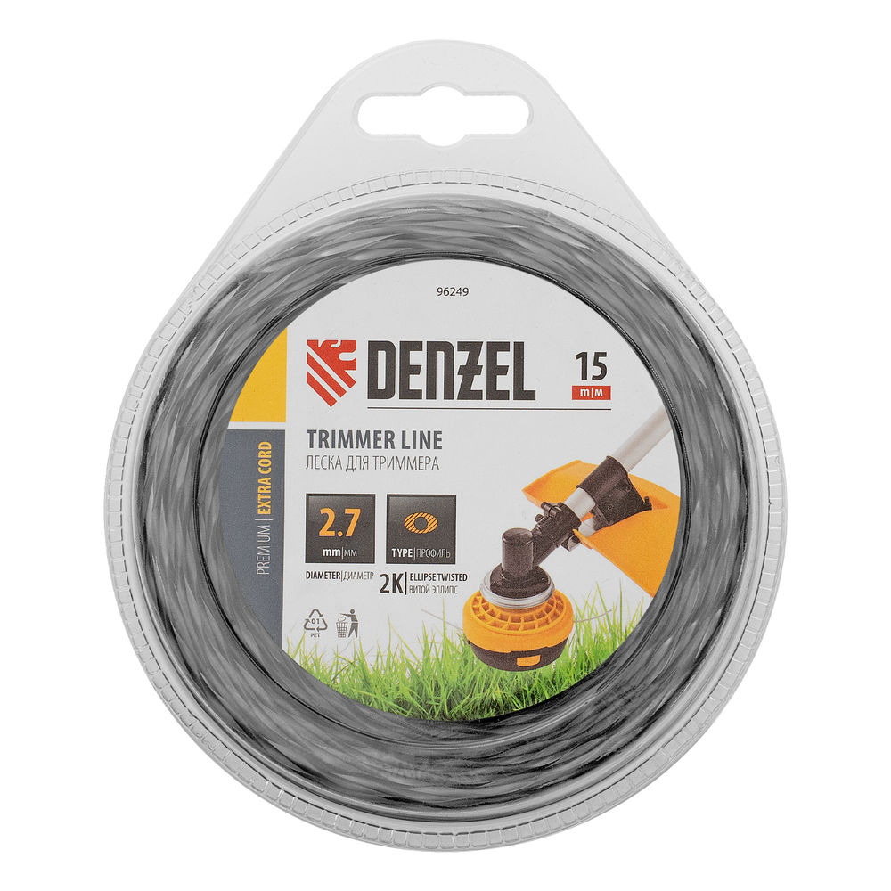 Леска для триммера двухкомпонентная эллипс, 2,7мм х 15м, блистер EXTRA CORD, Denzel (96249)