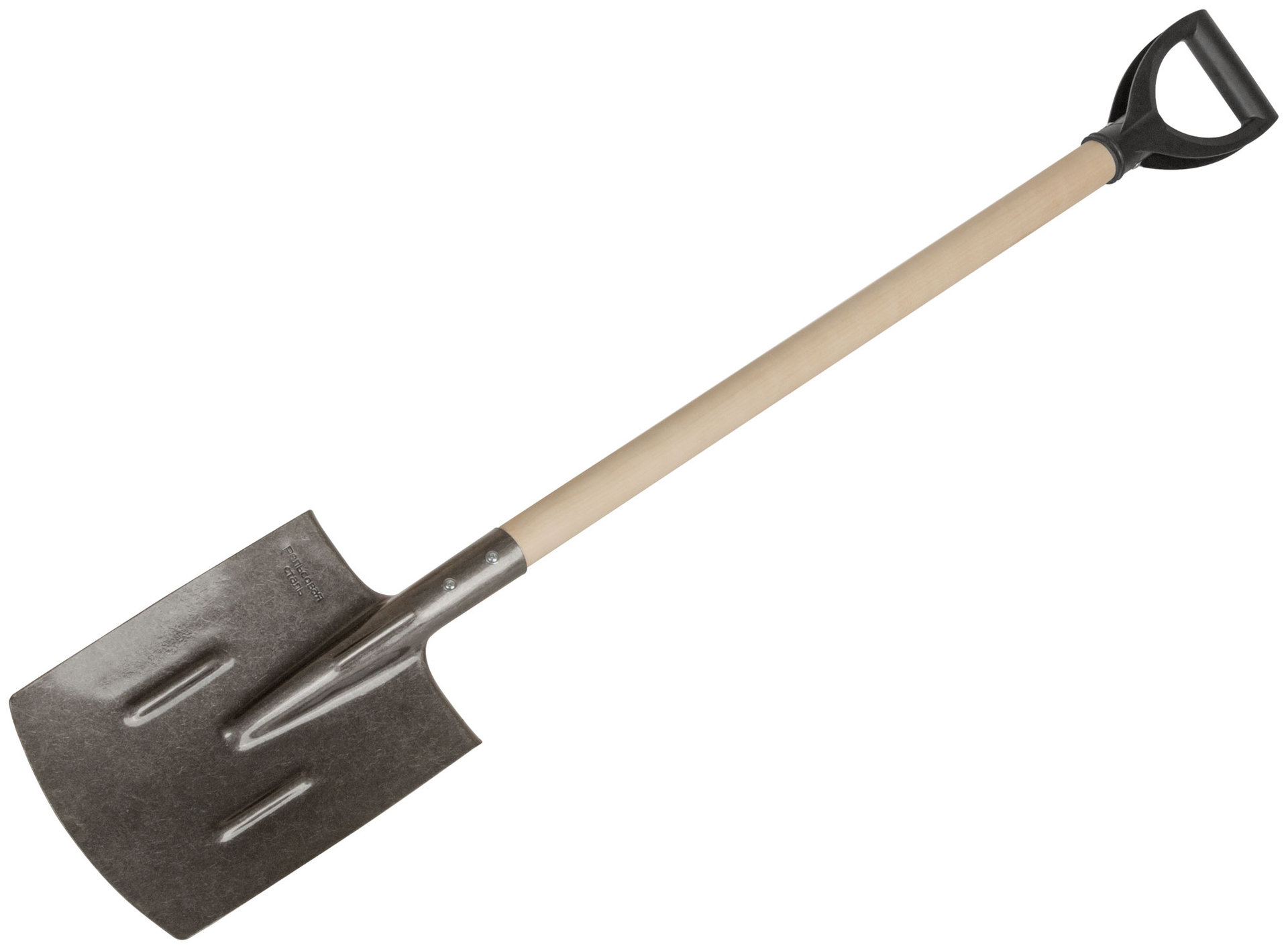 Лопата штыковая прямоугольная, рельсовая сталь, с деревянным черенком и V-ручкой 210х385х1440 мм (77191)