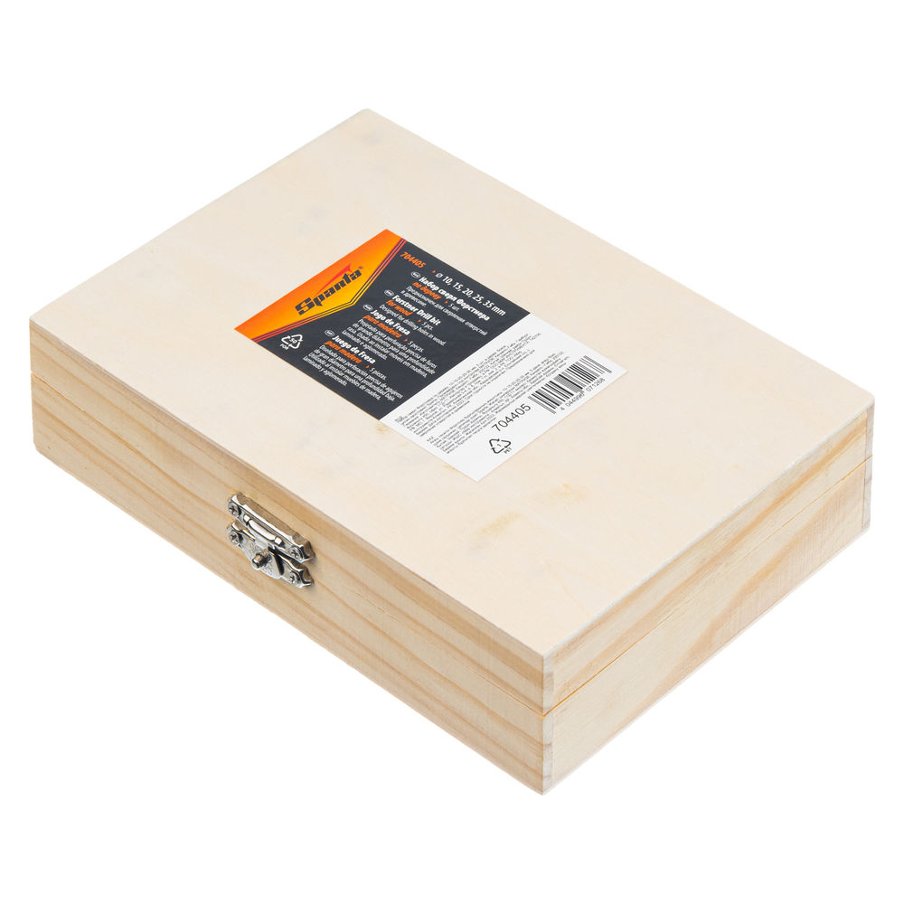 Набор сверл Форстнера по дереву, 10-15-20-25-35 мм, 5 шт, в деревянном боксе, цилиндрический хвостовик Sparta (704405)