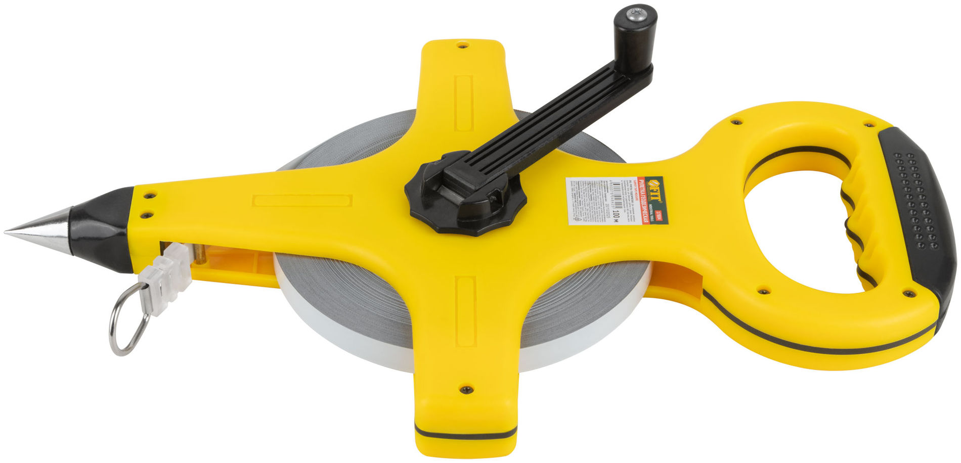 Рулетка геодезическая, стальная лента, желтый открытый пластиковый корпус, прорезиненная ручка 100 м (17804)