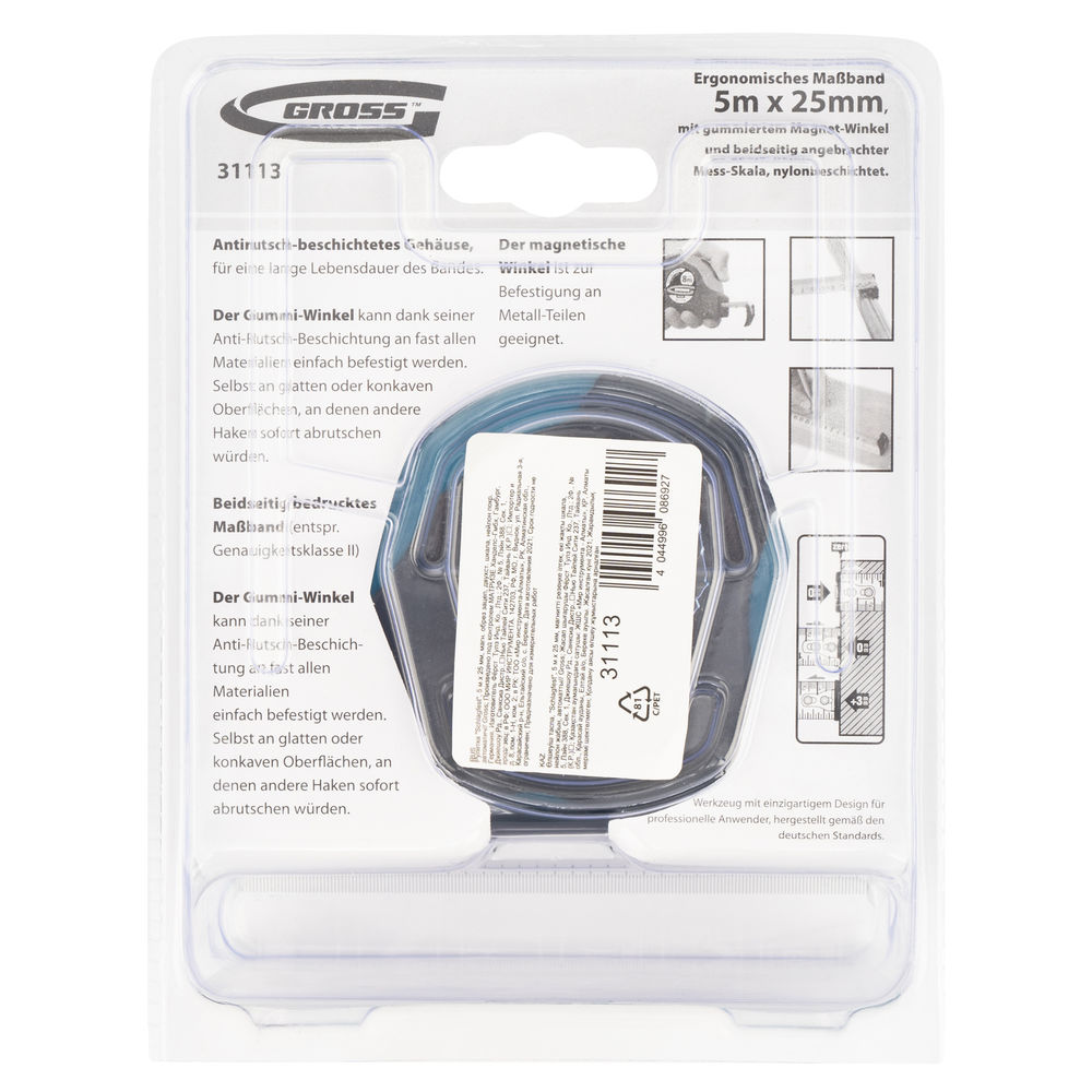 Рулетка Schlagfest,5 м x 25 мм,магнитный обрезиненный зацеп,двусторонняя шкала,Нейлоновое покрытие,автоматическая фиксация Gross