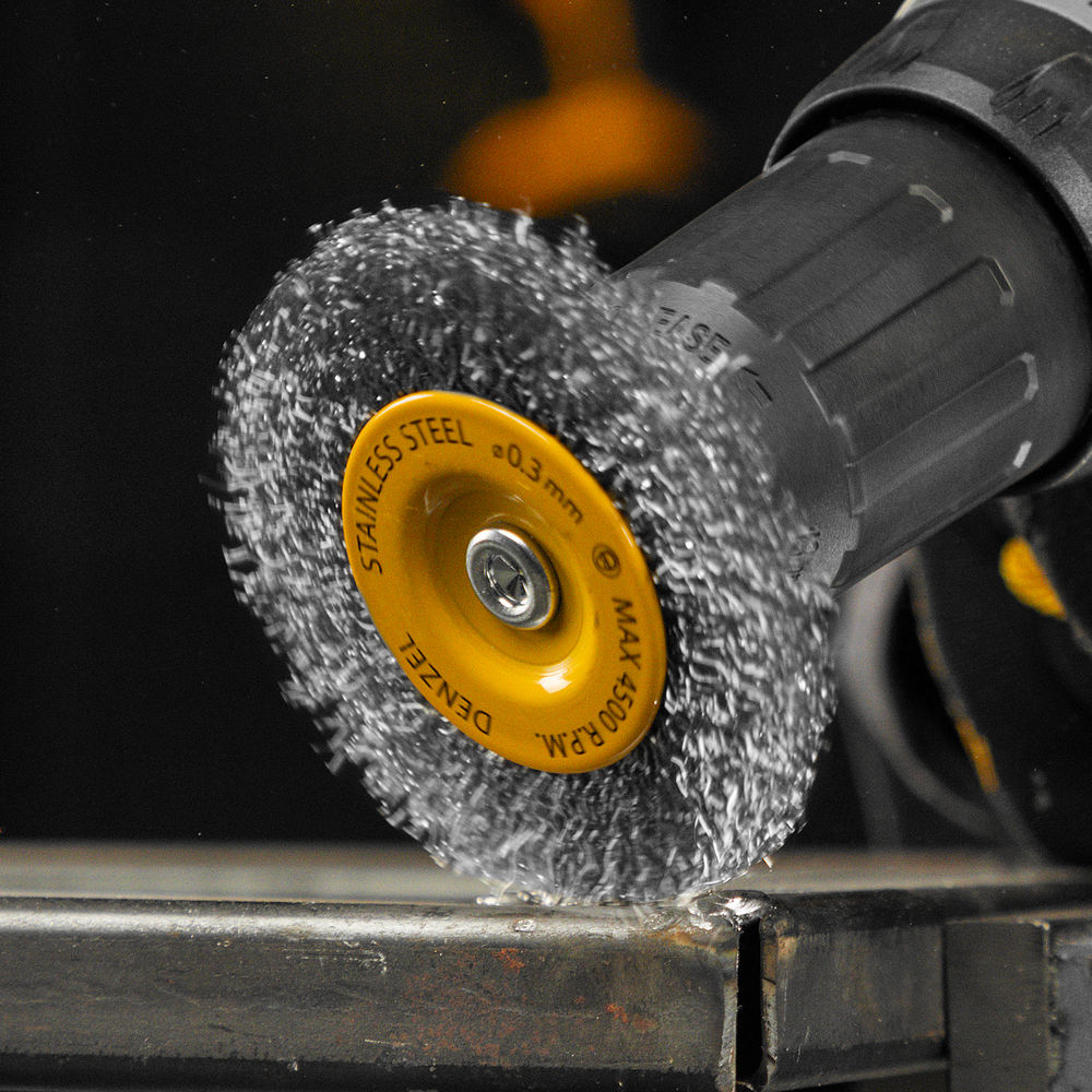 Щетка для дрели, 75 мм, Плоская, со шпилькой, нержавеющая витая проволока Denzel (744603)