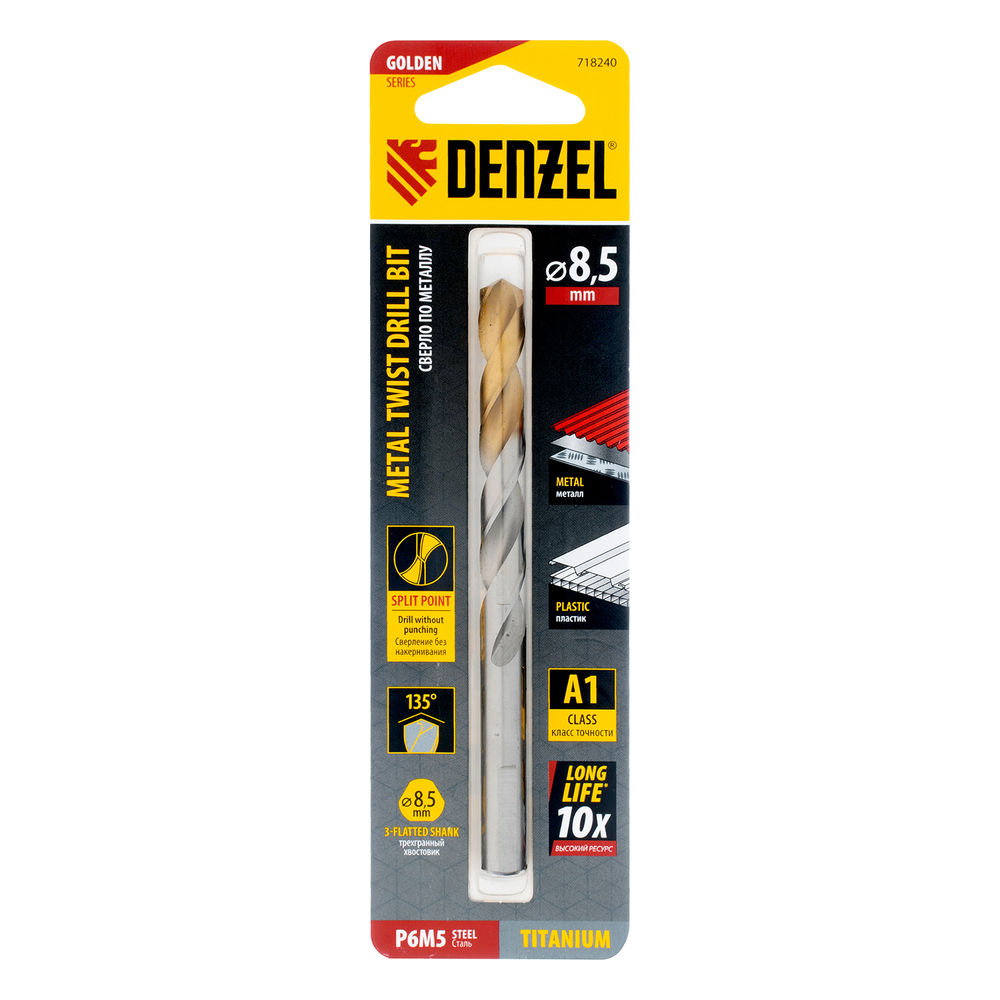 Сверло спиральное по металлу 8,5 x 117 мм, Р6М5, Golden Tip Denzel (718240)