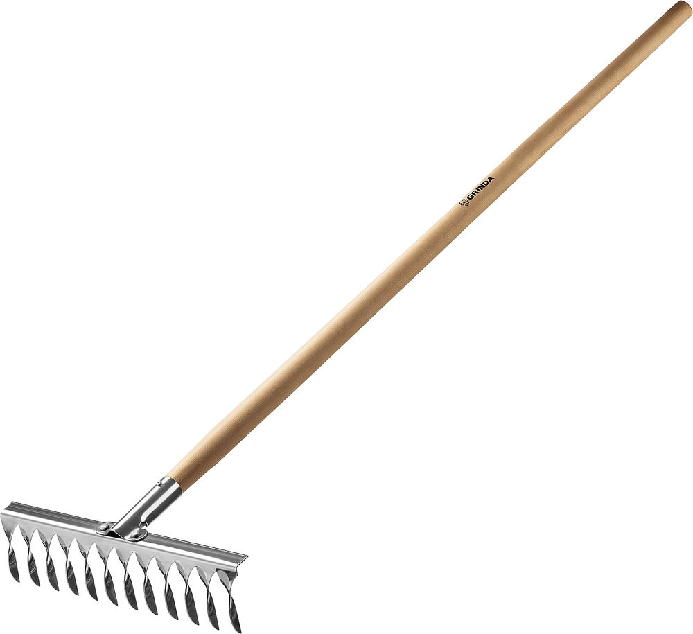 Садовые грабли PS-12 WOOD, 370 х 105 х 1300 мм, 12 витых зубцов, нержавеющая сталь, деревянный черенок, PROLine GRINDA 39481-12