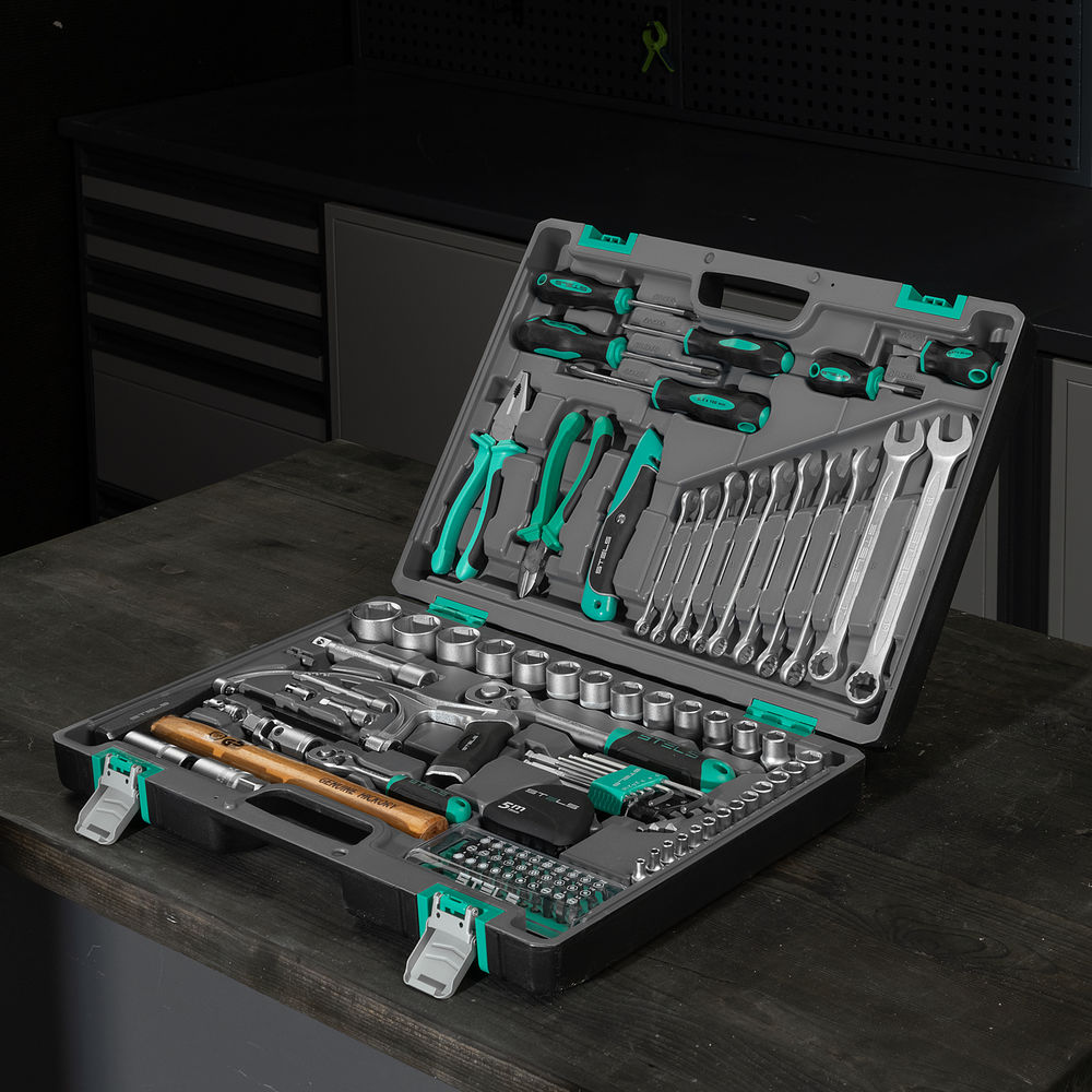 Набор инструментов, 1/2, 1/4, CrV, пластиковый кейс 98 предметов Stels