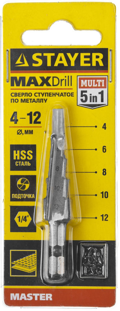 Сверло ступенчатое 4-12 мм, 5 ступеней, сталь HSS STAYER 29660-4-12-5