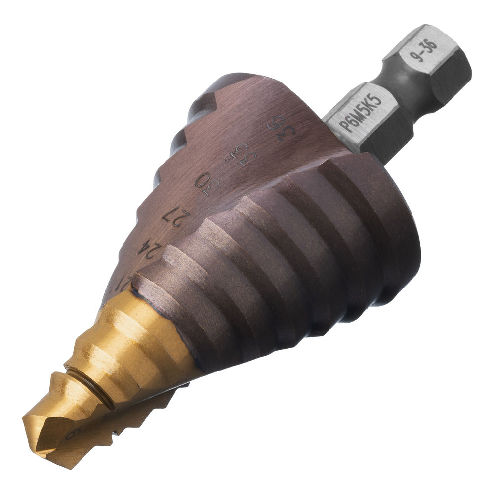 Сверло ступенчатое, 9-12-15-18-21-24-27-30-33-36 мм, Р6М5К5, 6-гр. хвостовик Denzel (723615)