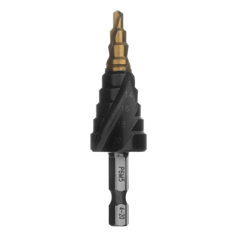 Сверло ступенчатое 4-6-8-10-12-14-16-18-20 мм, Р6М5, 6-гр. хвостовик Denzel (723603)