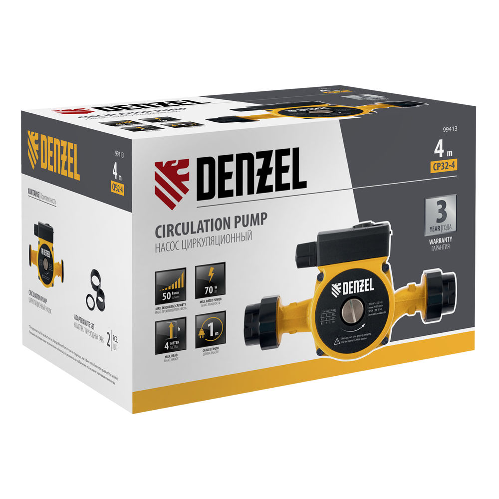 Циркуляционный насос CP32-4, напор 4 м, 50 л/мин, 1 м кабель, монт. длина 180 мм Denzel (99413)