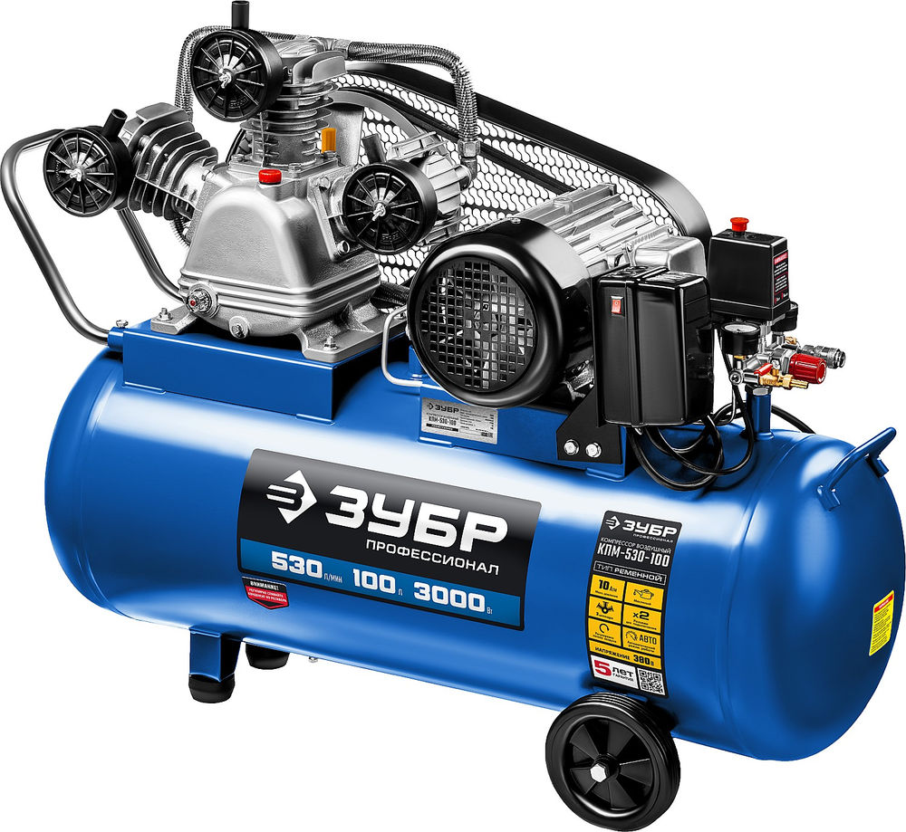 Компрессор ременной масляный 530 л/мин, 100 л, 3000 Вт ЗУБР Профессионал КПМ-530-100
