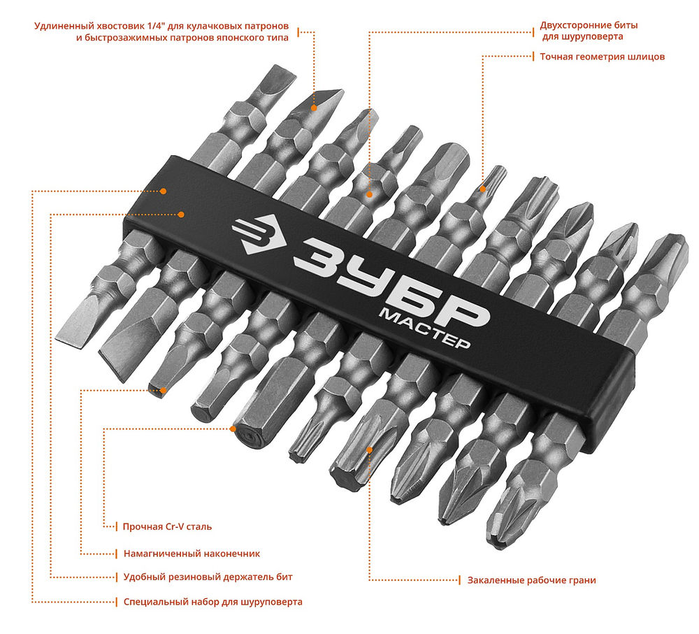 Набор бит двусторонних длинных МХ-10, 10 шт ЗУБР 26089-H10