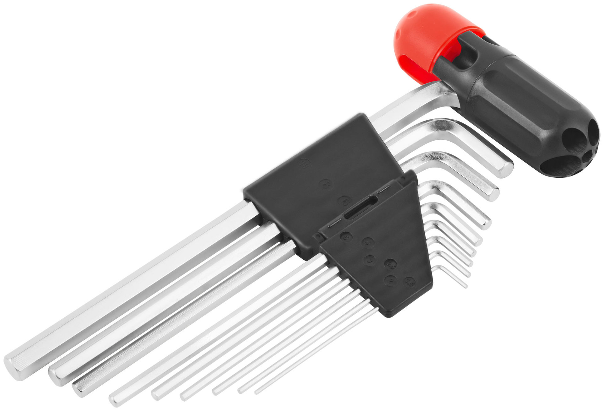 Ключи шестигранные HEX длинные CrV 9 шт.( 1,5-10 мм ), пластиковая Т-обр.ручка