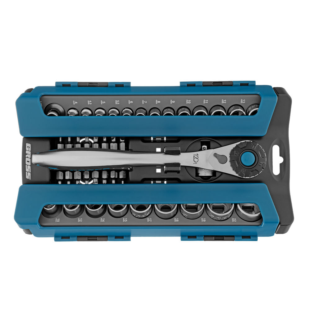 Набор торцевых головок, трещотка 120 зубьев, 1/2, 1/4, CrV, 41 предмет Gross