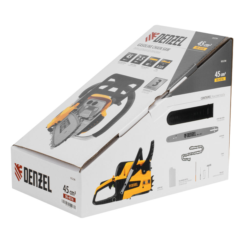 Пила цепная бензиновая DS-4516, шина 40 см, 45 см3, 2,5 л.с, шаг 0,325, паз 1,5 мм, 64 звена Denzel (95236)