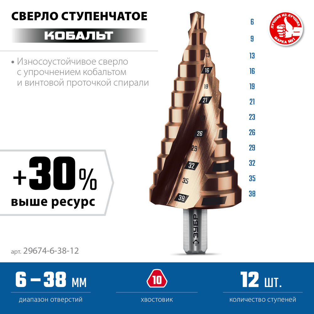Сверло ступенчатое 6-38 мм, 12 ступеней, винтовая проточка КОБАЛЬТ ЗУБР ПРОФЕССИОНАЛ 29674-6-38-12