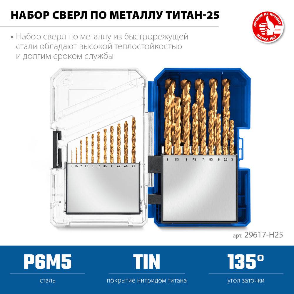 Набор сверл по металлу 25 шт (1-13 мм), сталь Р6М5, класс А, титановое покрытие, пласт.бокс ЗУБР ТИТАН 29617-H25